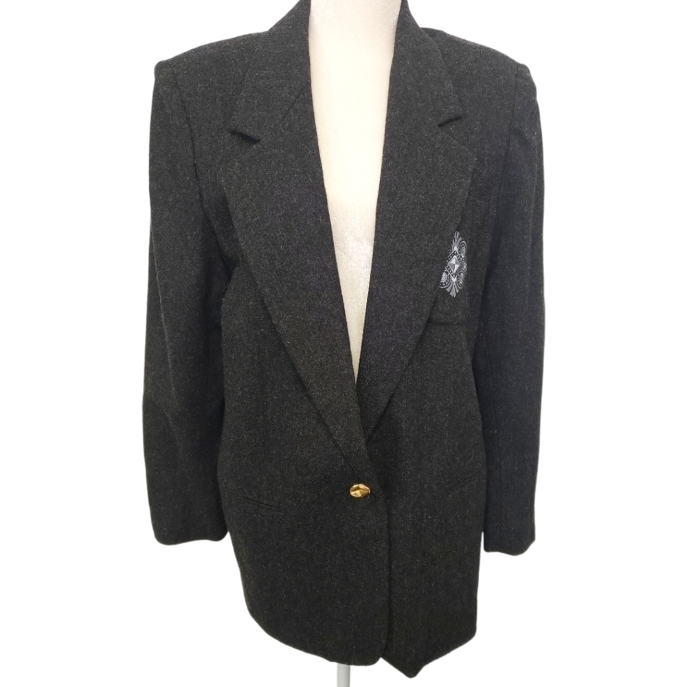 Vintage 90s Jonathan Logan Wool Blazer Padded Shoulders Long Length 14 Grey EUC